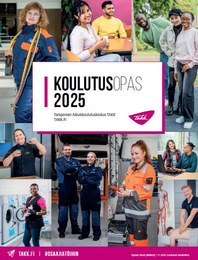 TAKKin koulutusopas 2025, kuvissa useita ihmisiä, osa työvaatteissa.