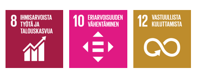 YK:n Agenda 2030 kuvat teksteillä Ihmisarvoista työtä ja koulutusta, Eriarvoisuuden vähentäminen, Vastuullista kuluttamista. 